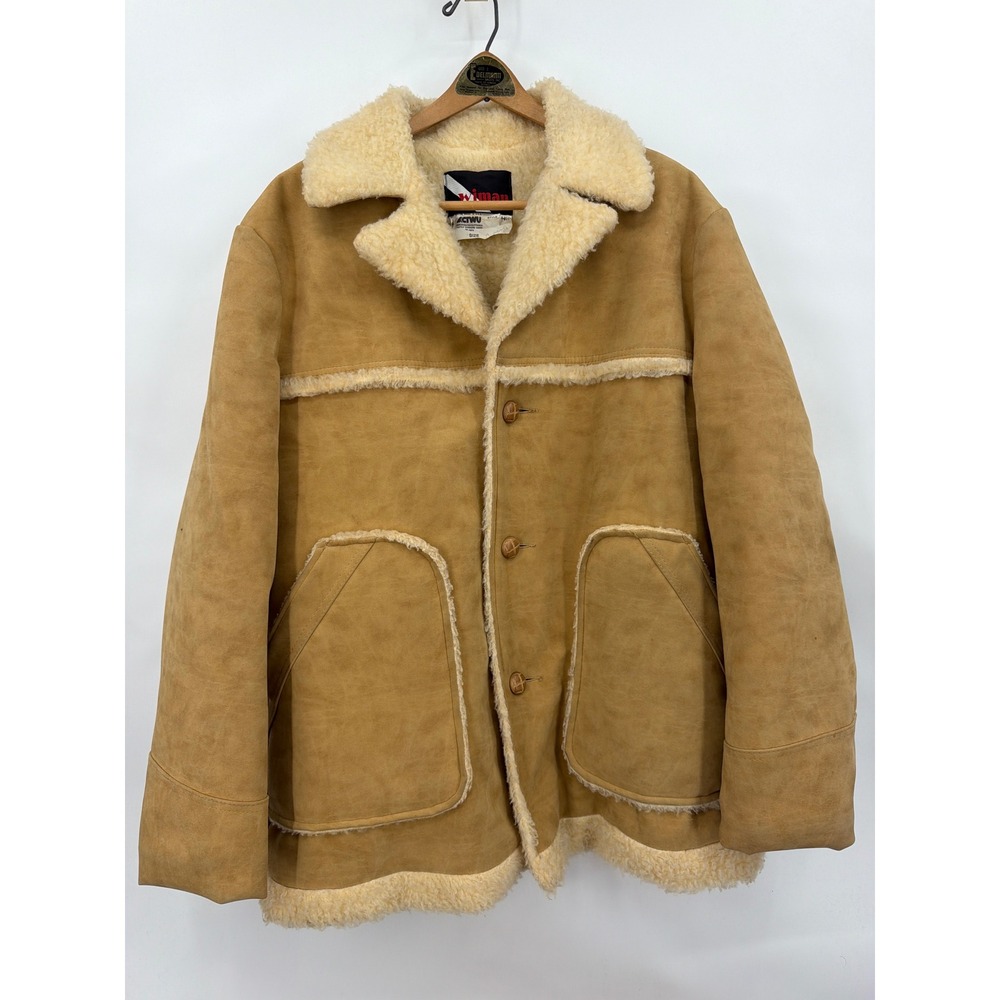 Vintage Wiman Mens XL Faux Suede Shearling‎ Rancher Jacket Tan Made in USA